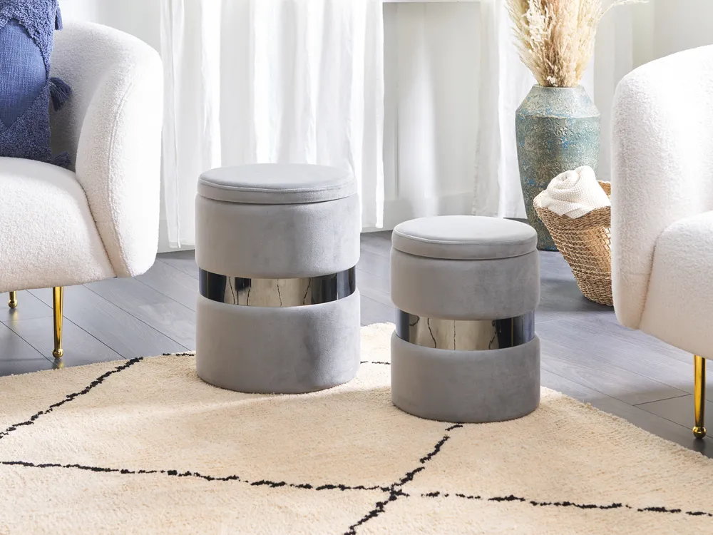 Set of 2 Storage Pouffes DORIS Velvet Light Grey