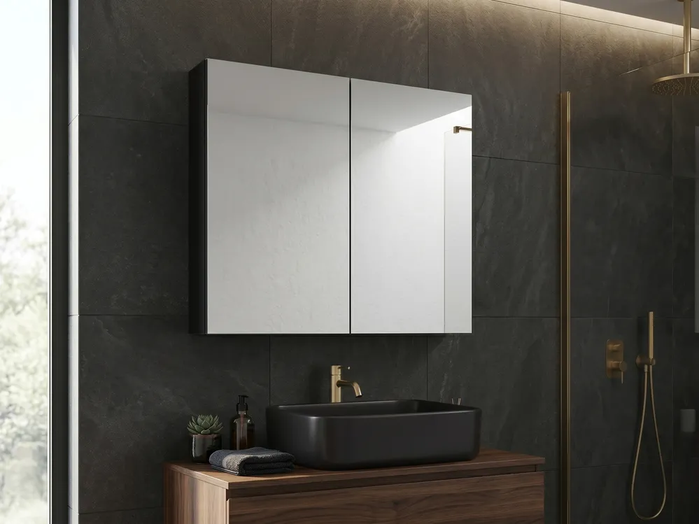 Bathroom Wall Mounted Mirror Cabinet NAVARRA 80 cm 70 cm Black_905872