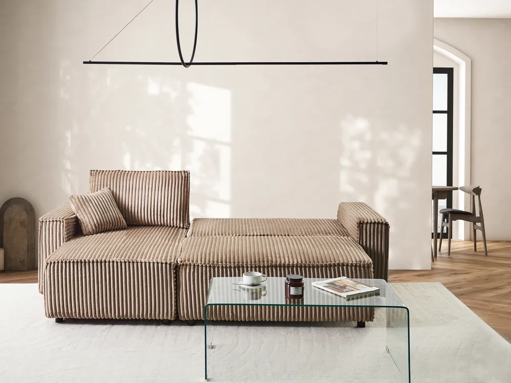 Corner Sofa Bed 3 Seater ABACKA with Storage Corduroy Light Brown Right Hand_960002