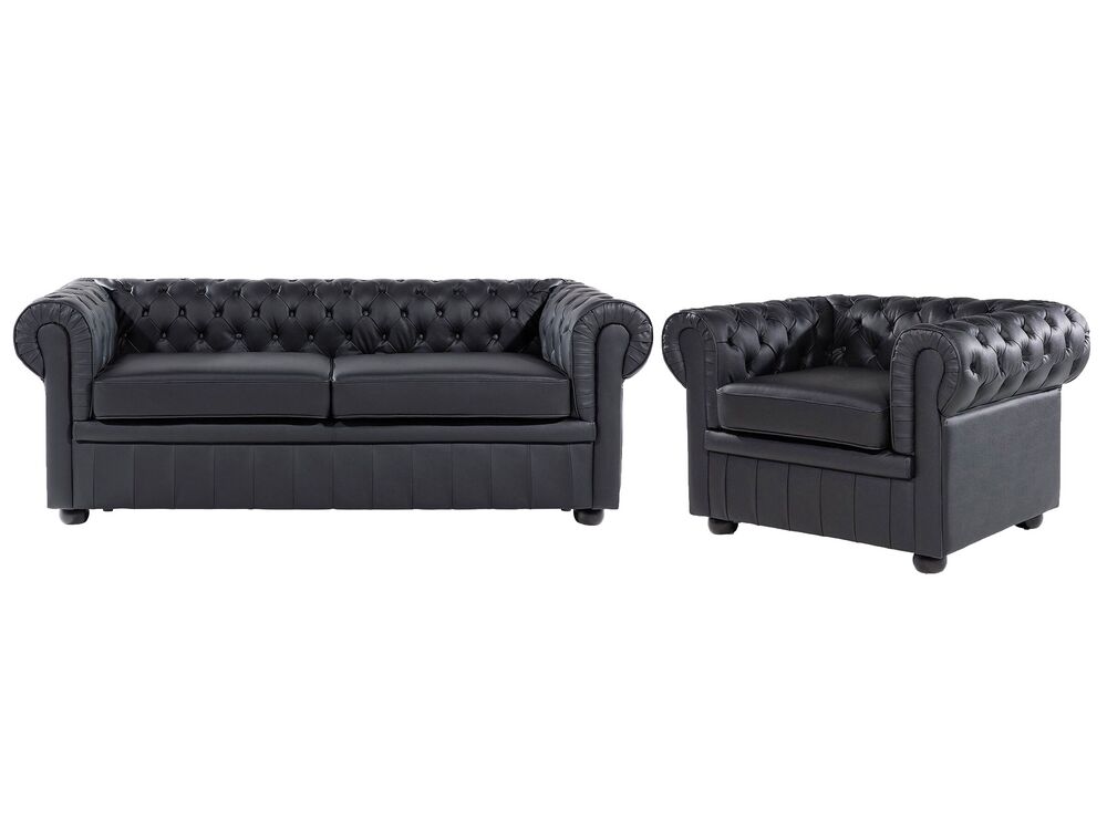 Sofagruppe 4-seters CHESTERFIELD Ekte skinn Svart