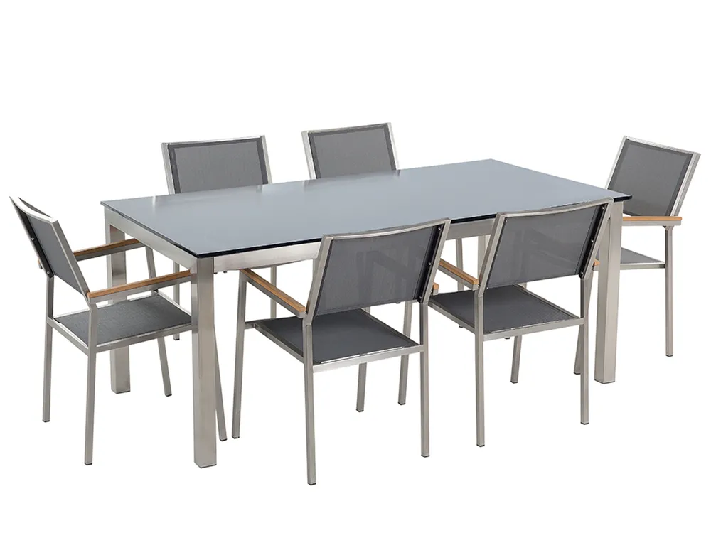 Garden Dining Set 6 Seater GROSSETO Tempered Glass Grey/ Black