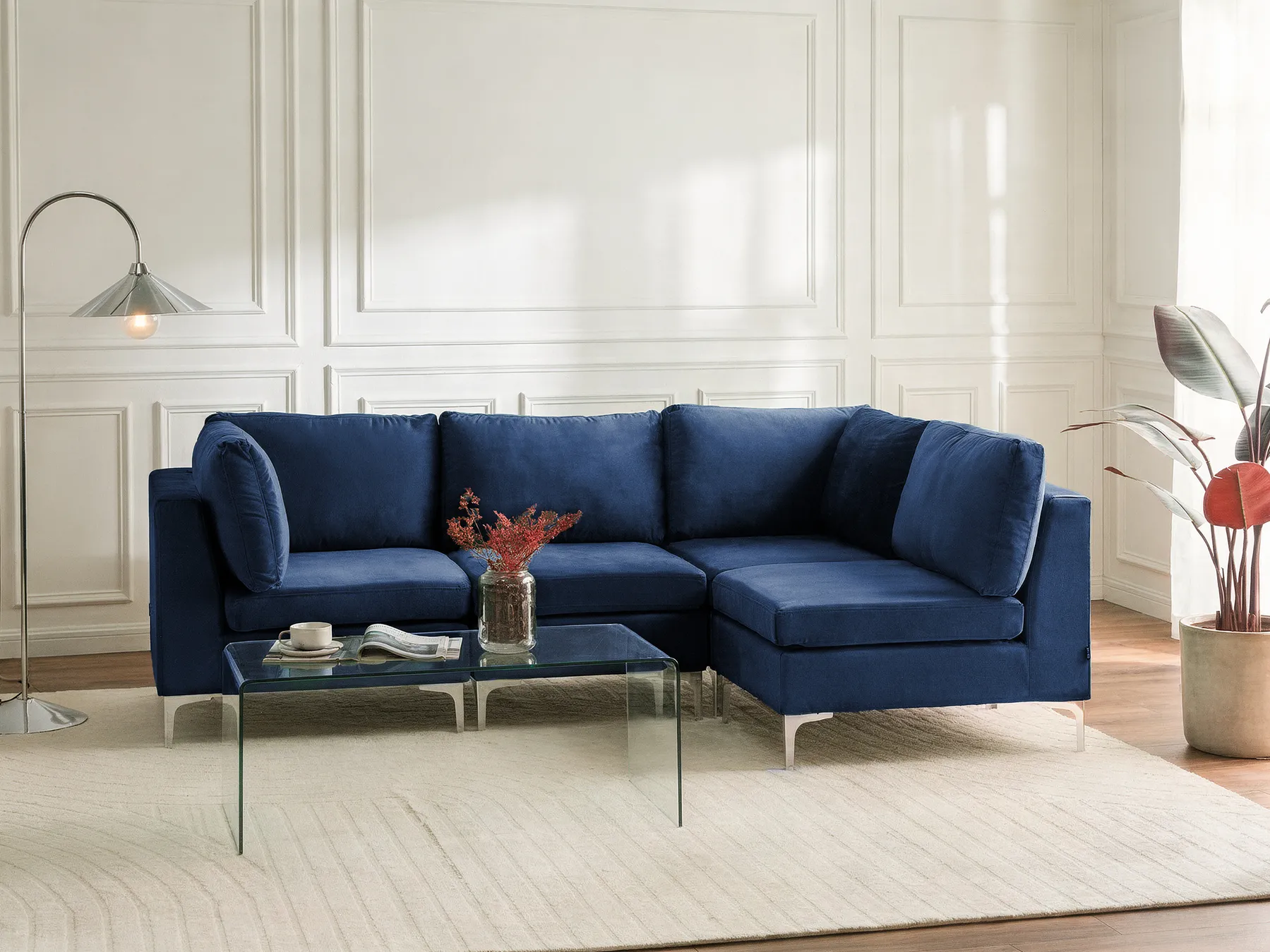 Modular Corner Sofa 4 Seater EVJA Velvet Navy Blue Left Hand_859995