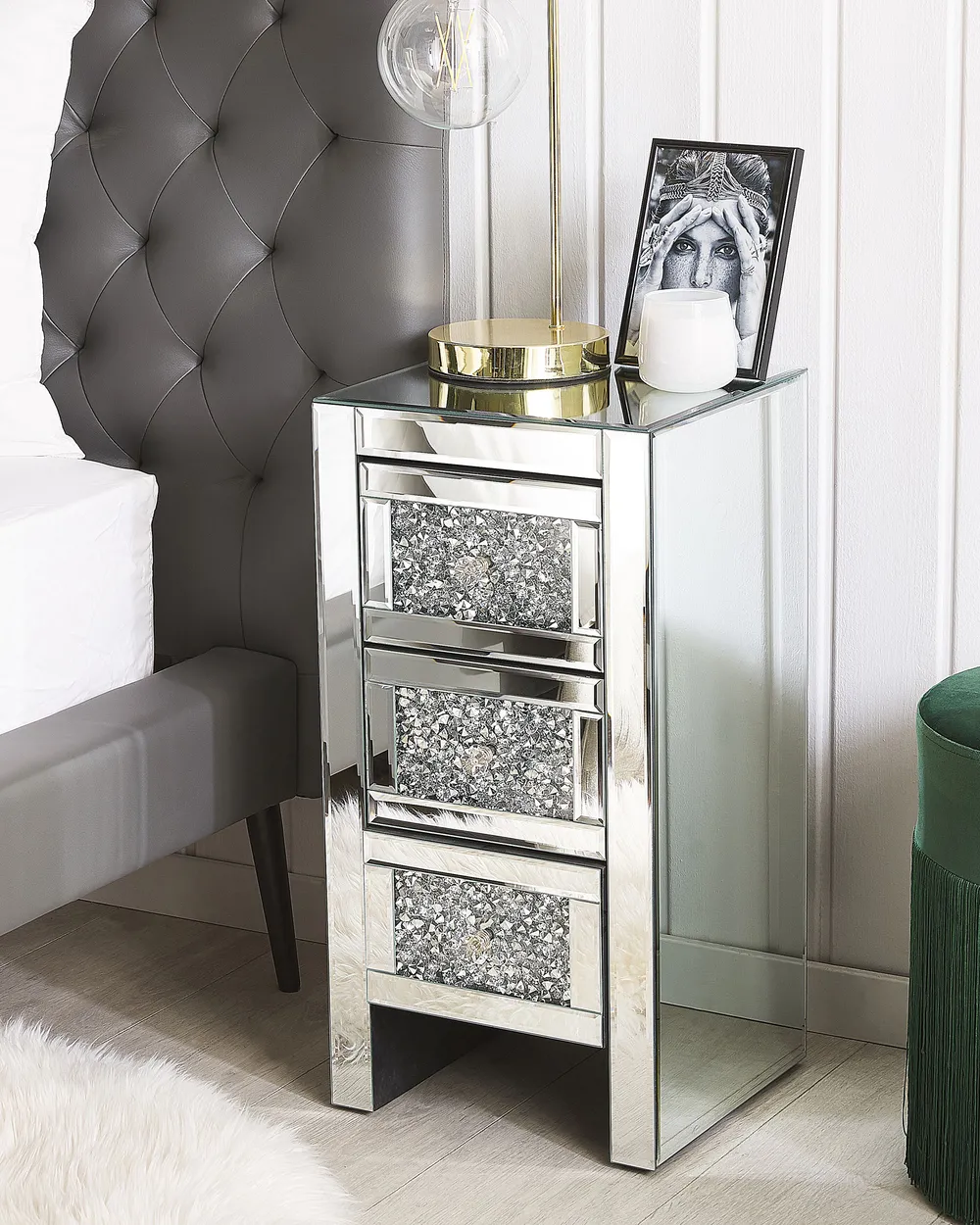 3 Drawer Bedside Table LORAY Glass Mirrored Silver