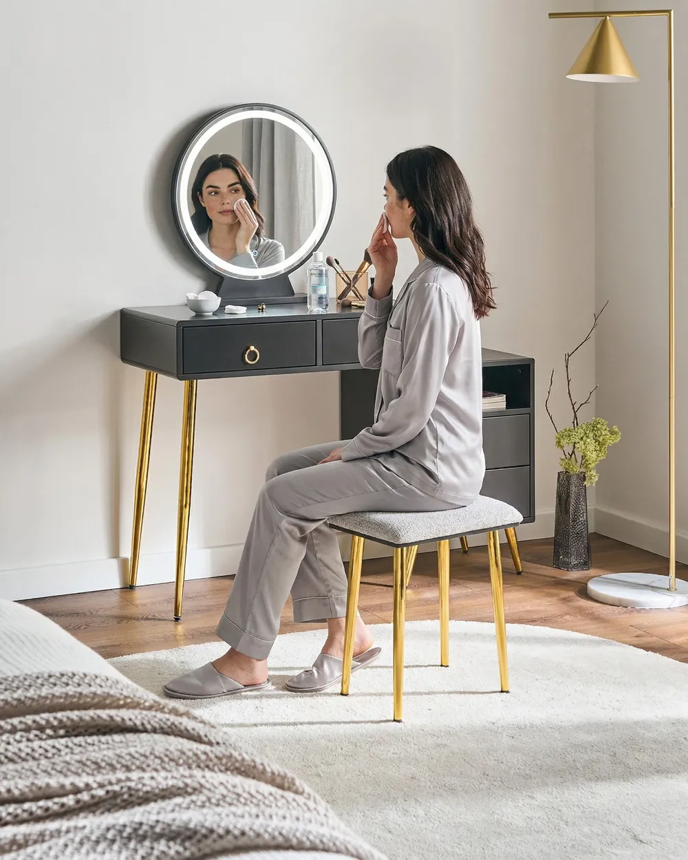 Dressing Table with Mirror and Stool YVES LED Black_1068286