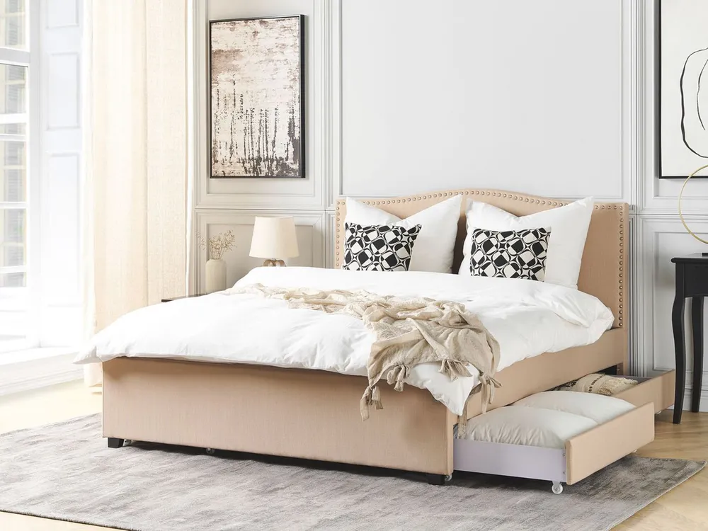 Bed with Storage Drawers MONTPELLIER Fabric Beige 160 x 200 cm (EU King Size)