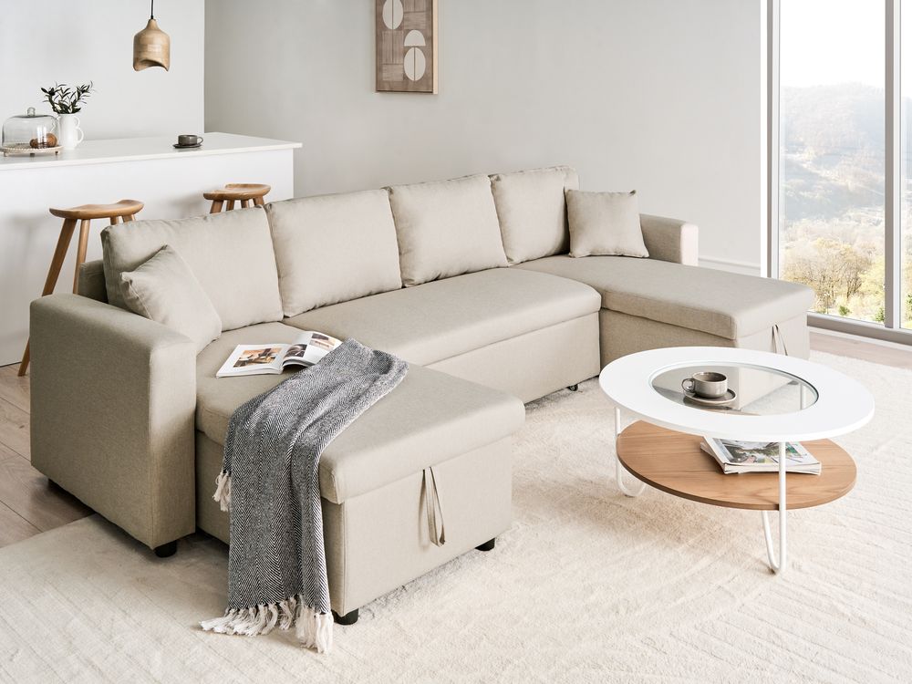 U-Shape Sofa Bed 5 Seater SOMMEN with Storage Fabric Beige