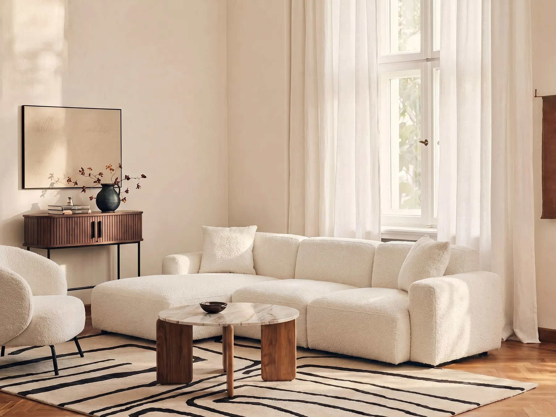 Modular Corner Sofa 3 Seater HEDE Boucle White Right Hand_1091844