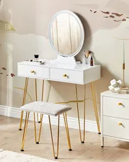 Sminkbord med spegel och pall CAEN LED Vit_844955