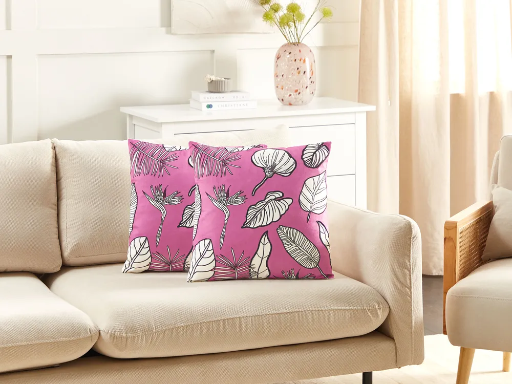 Set med 2 prydnadskuddar MALVA 45 x 45 cm Sammet Rosa Blommigt tryck_1079853