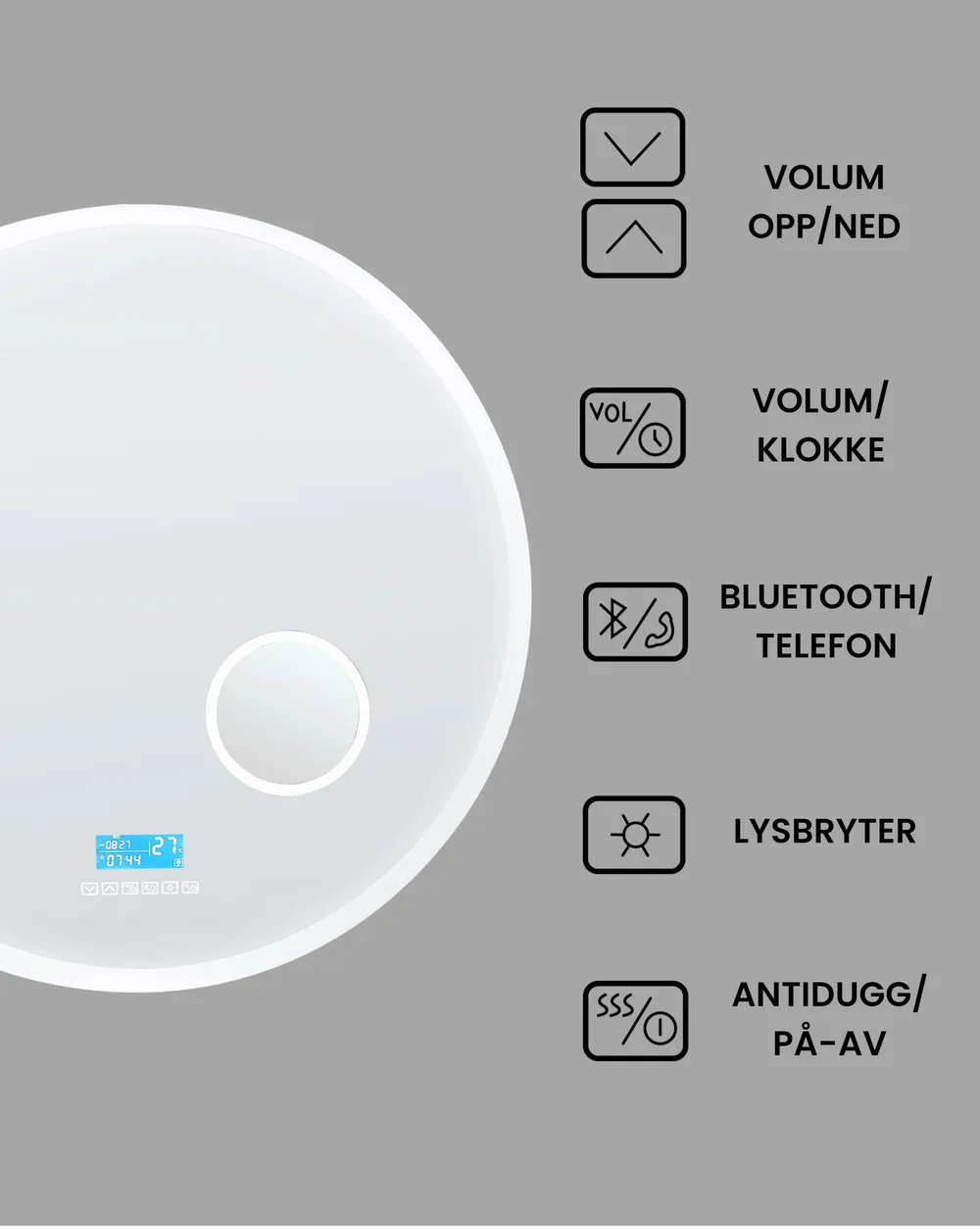 LED-baderomsspeil FIXIN 80 cm 80 cm Med innebygd Bluetooth-høyttaler Sølv_940618