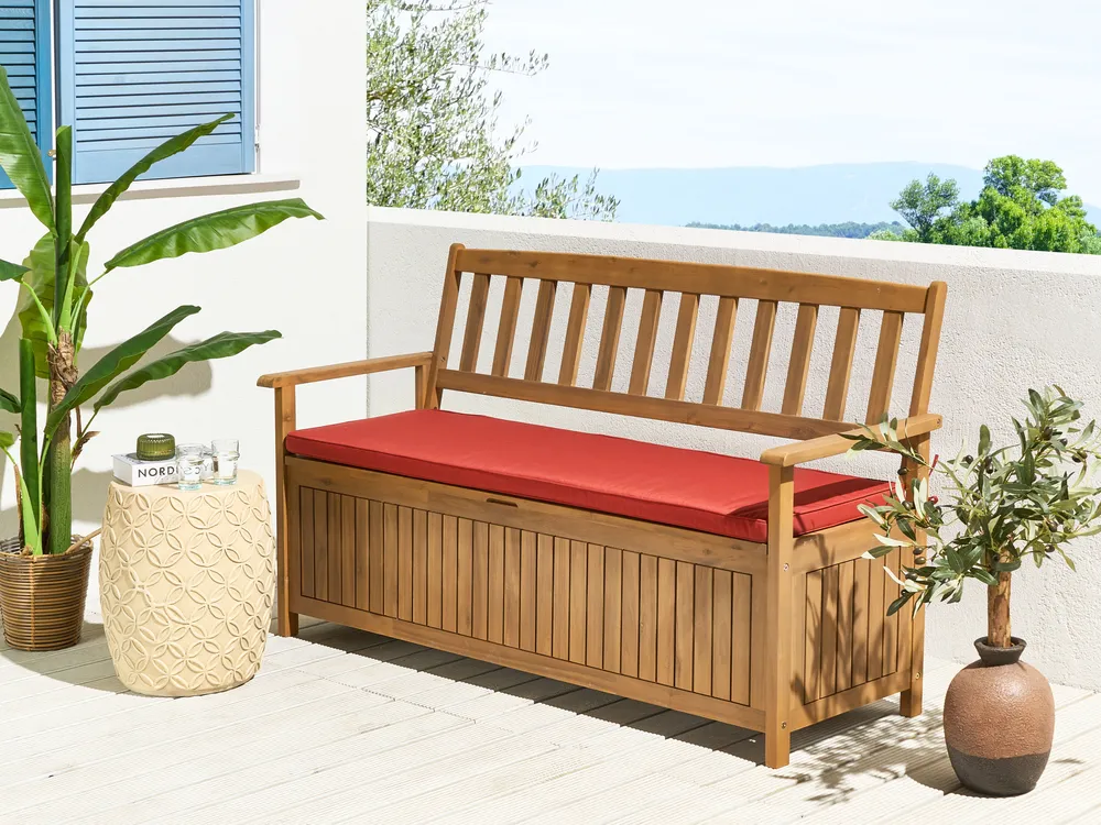 Garden Bench with Cushion SOVANA 160 cm with Storage Acacia Wood Red