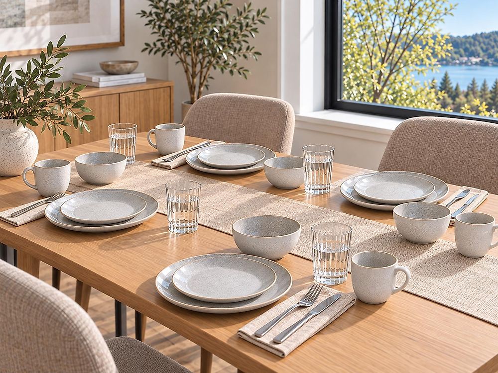 Set of 16 Dinnerware SESAME Stoneware Light Grey