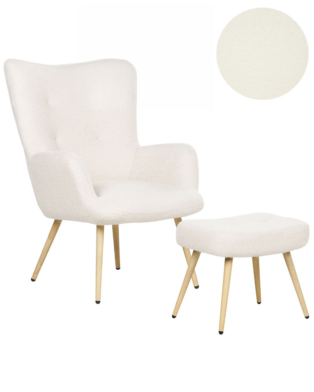 Öronlappsfåtölj VEJLE med fotpall Bouclé Off-White