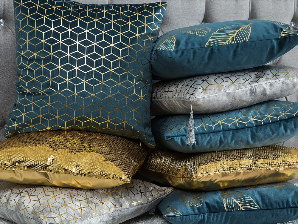 Set of 2 Decorative Cushions FREESIA 45 x 45 cm Velvet Teal Plant Pattern