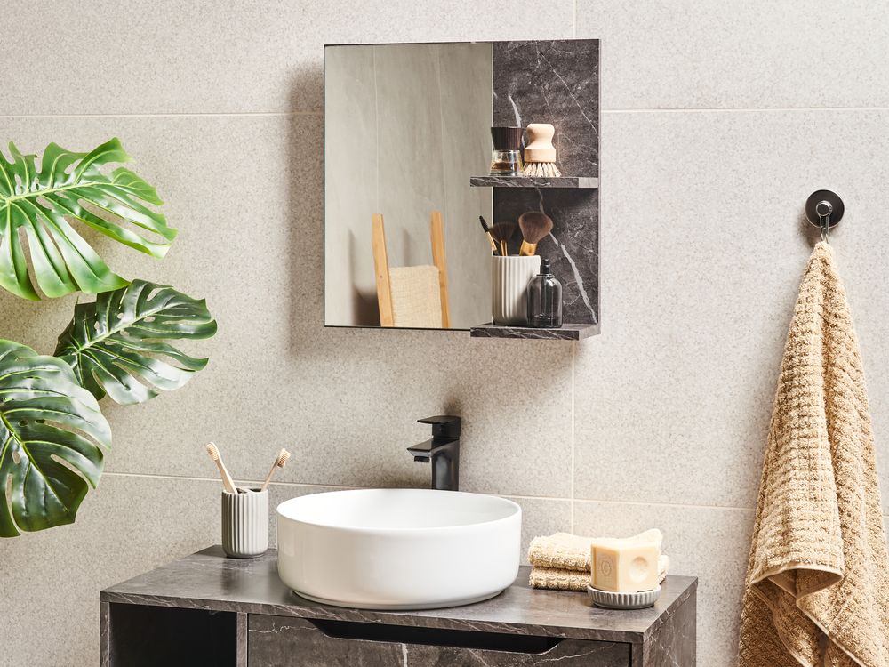 Wall Mirror with Shelf PELOTAS 45 cm x 45 cm Marble/ Black