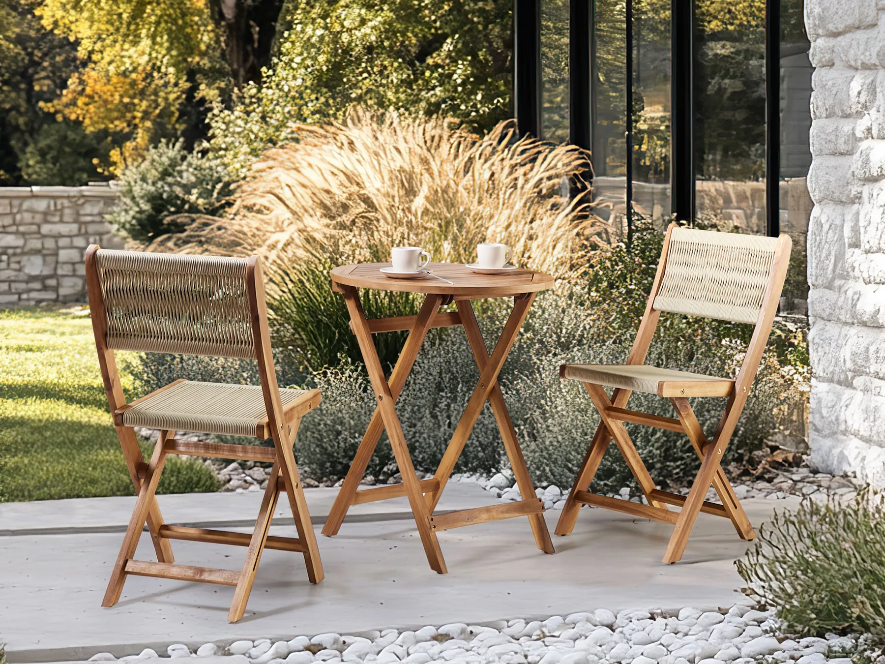 Bistro Set Folding PROSSEDI Acacia Wood Beige_956694
