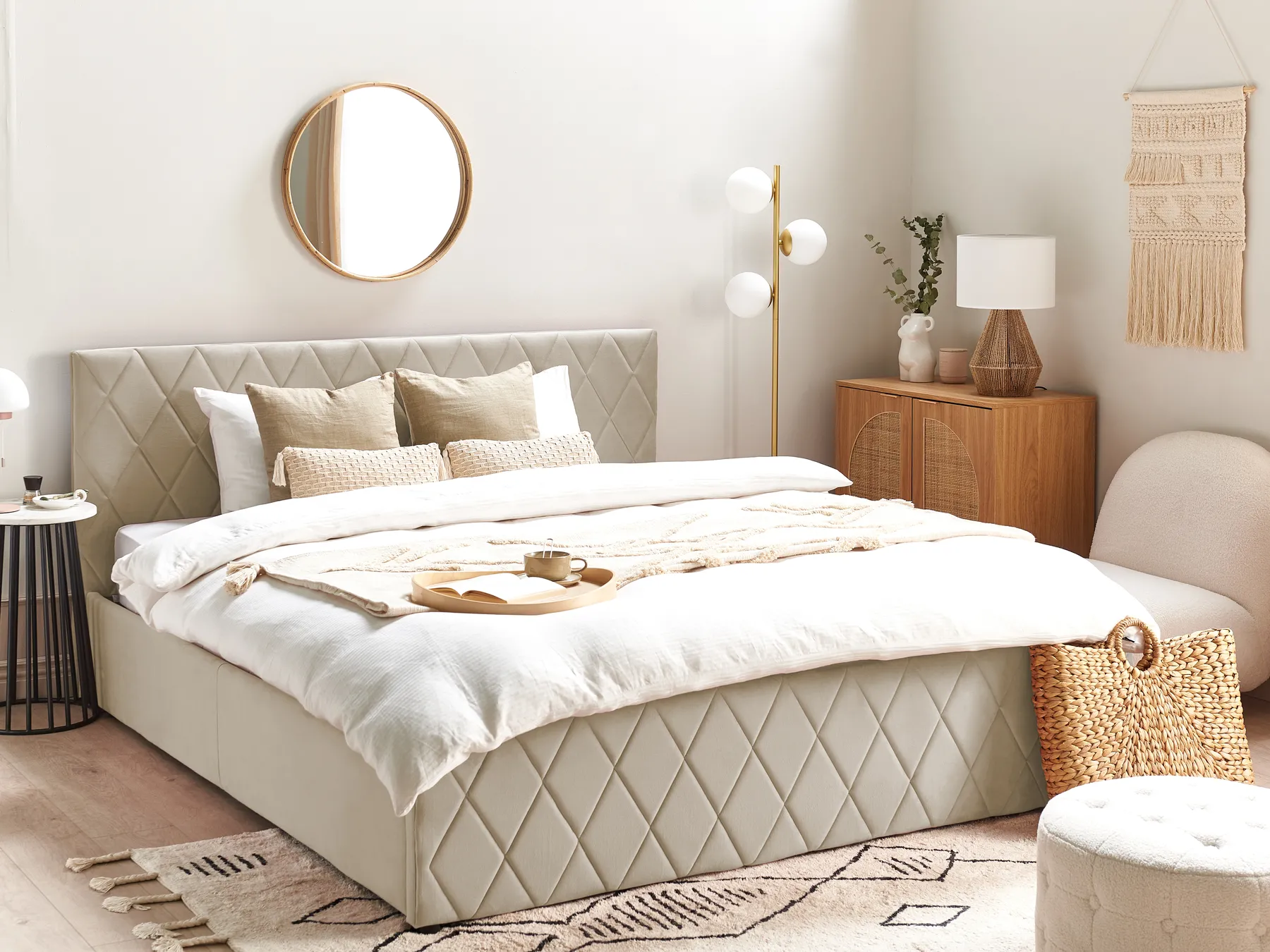 Ottoman Bed ROCHEFORT Velvet Beige 180 x 200 cm (EU Super King)_857304