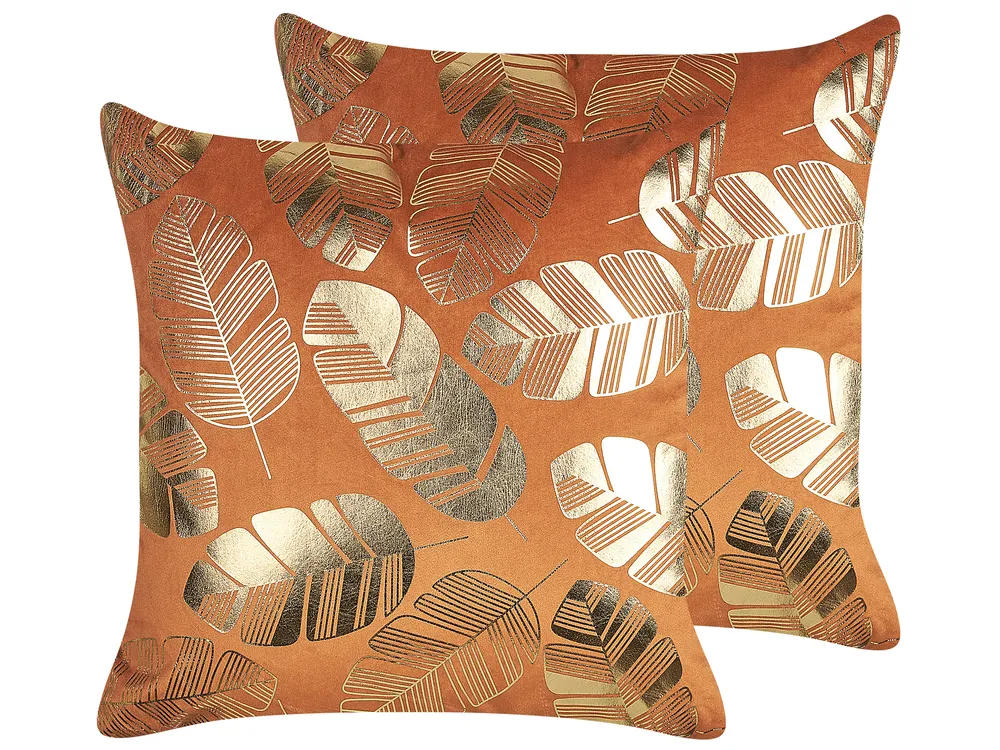 Set of 2 Decorative Cushions SUNFLOWER 45 x 45 cm Velvet Orange Plant Pattern