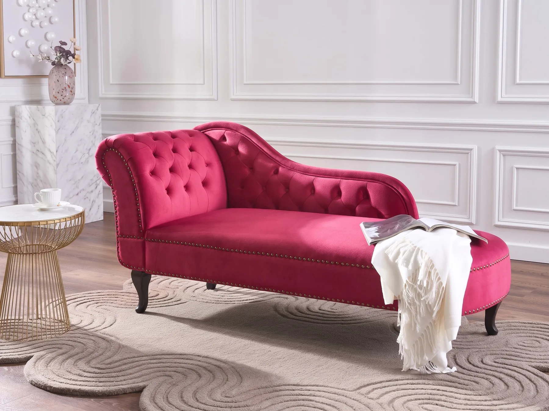 Left-Hand Chaise Longue NIMES Velvet Burgundy_805979