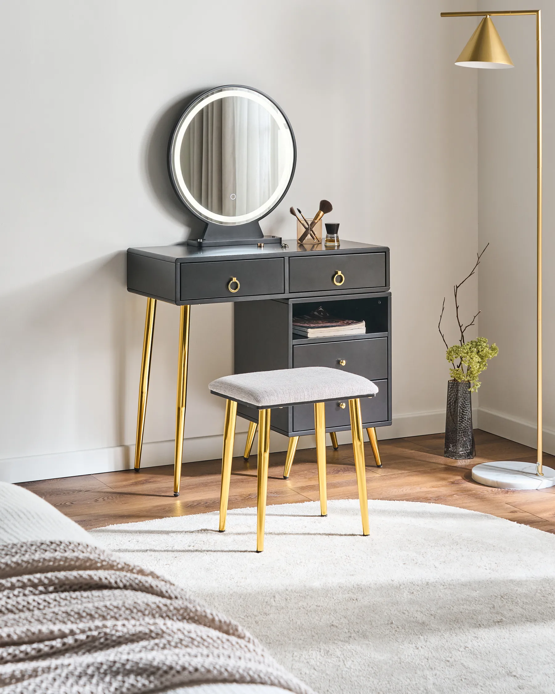 Dressing Table with Mirror and Stool YVES LED Black_845099