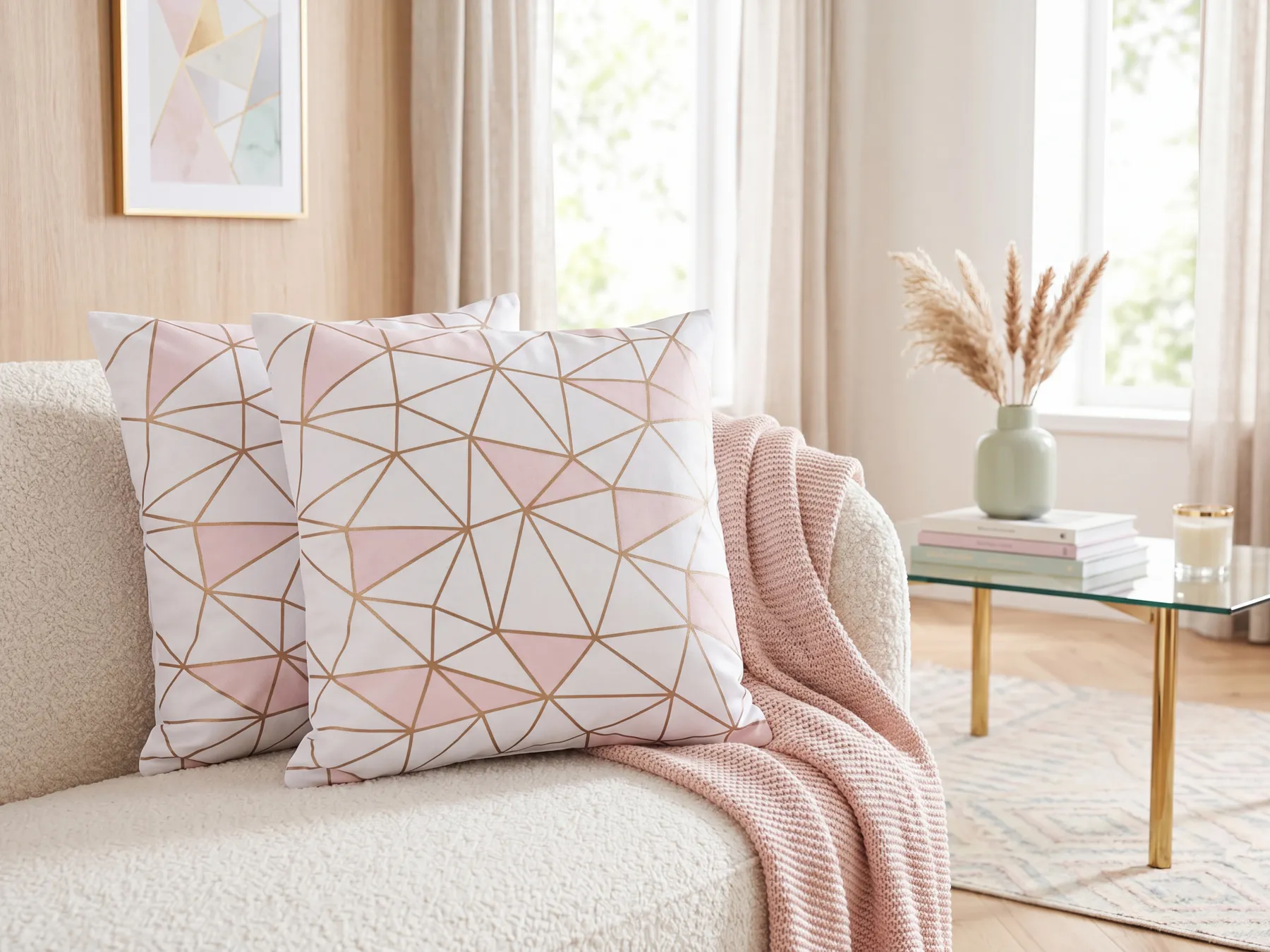 Set of 2 Decorative Cushions CLARKIA 45 x 45 cm Cotton Pink Geometric Pattern_769270