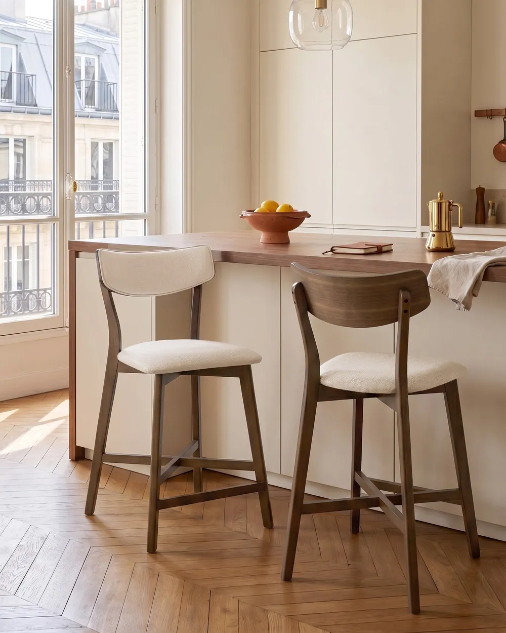 Set of 2 Bar Chairs YUMA Wood Off-White/ Brown