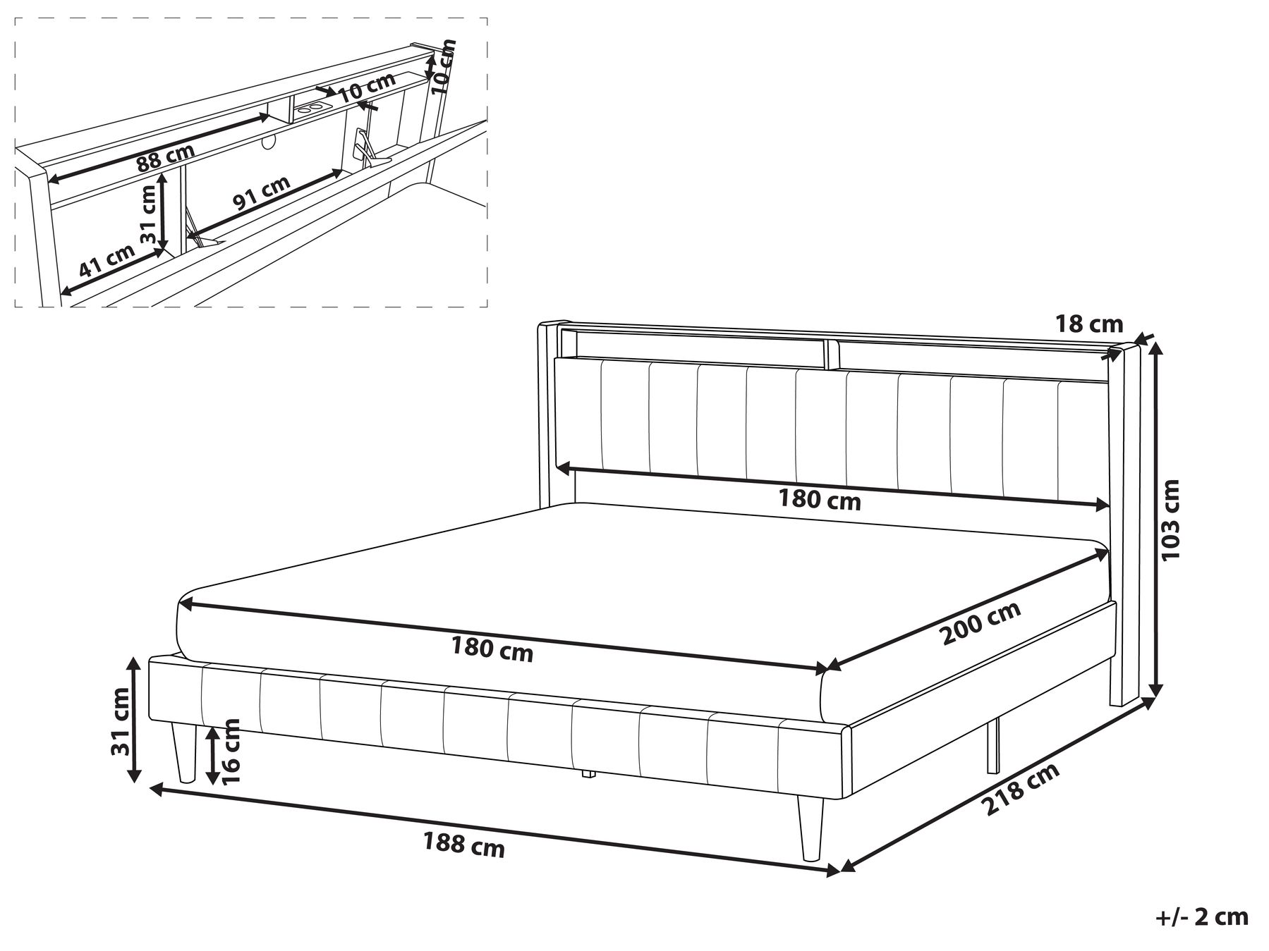 Säng med LED-belysning BEAULIEU Beige 180 x 200 cm med förvaring med USB-port_993578