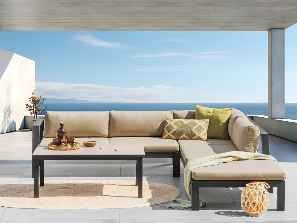 Garden Corner Sofa with Table 5 Seater MESSINA Metal Sand Beige Left Hand