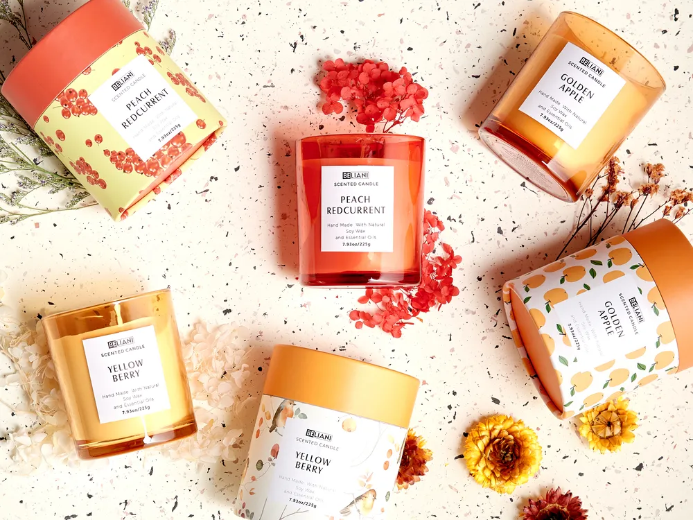 Set of 3 Scented Candles COLORFUL BARREL Soy Wax Fruity Notes