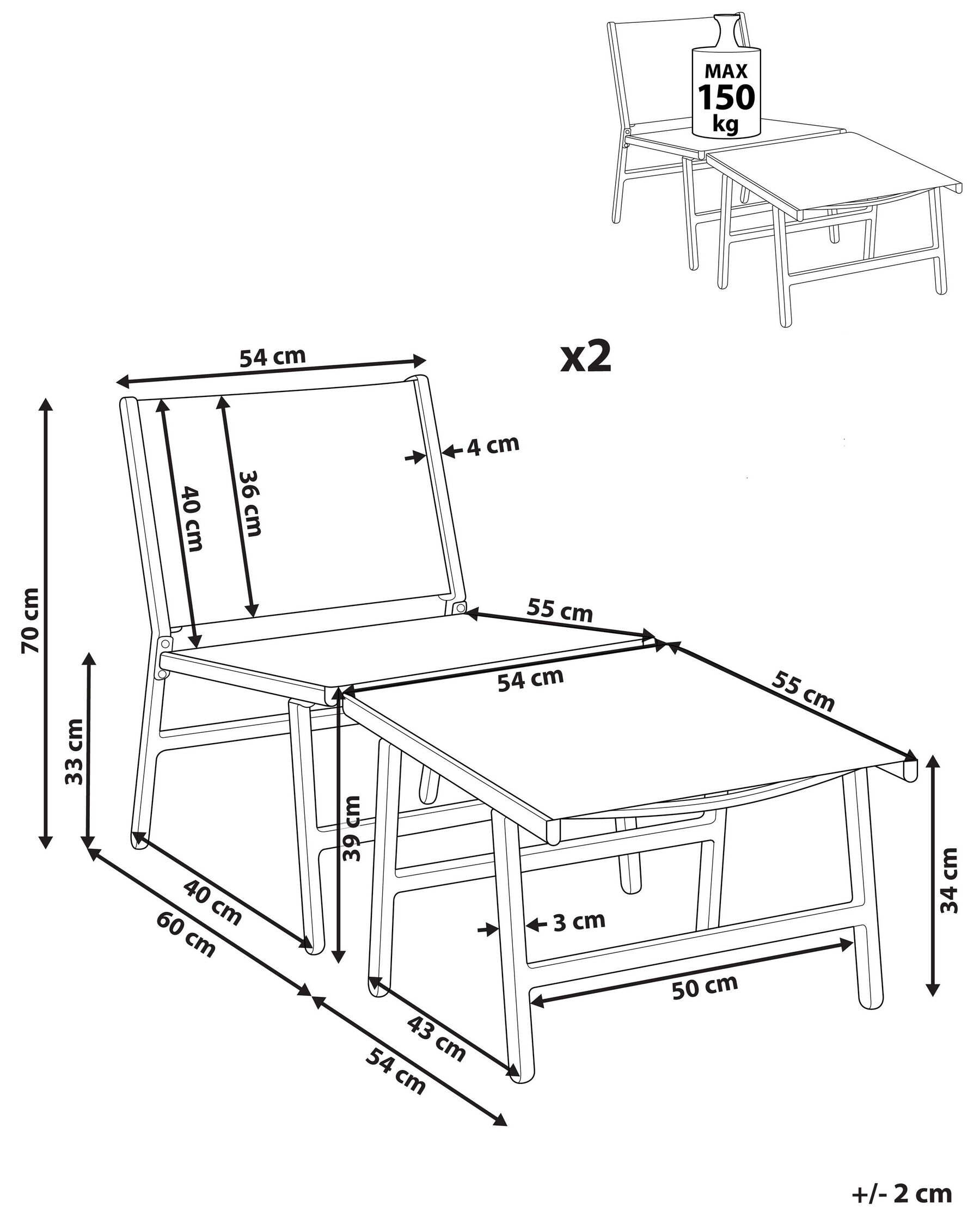 Set med 2 trädgårdsstolar MARCEDDI med fotpall Metall Beige_928432