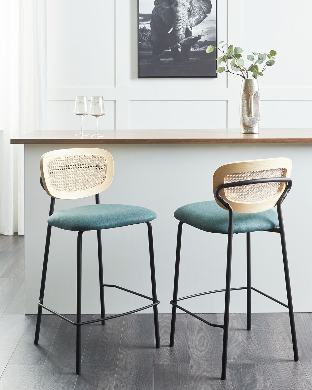 Set of 2 Bar Chairs MAYETTA Rattan Teal