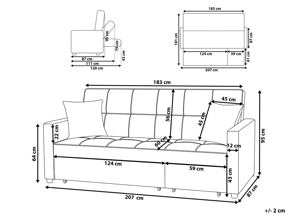 Sofa Bed 3 Seater GLOMMA Fabric Light Grey_718189