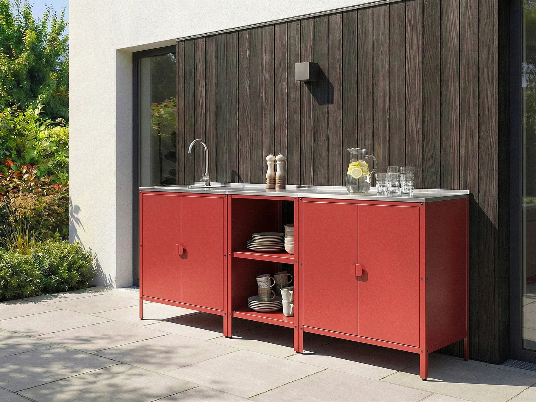 3 Piece Outdoor Kitchen Set with Sink VILAMA Red Metal_1052226