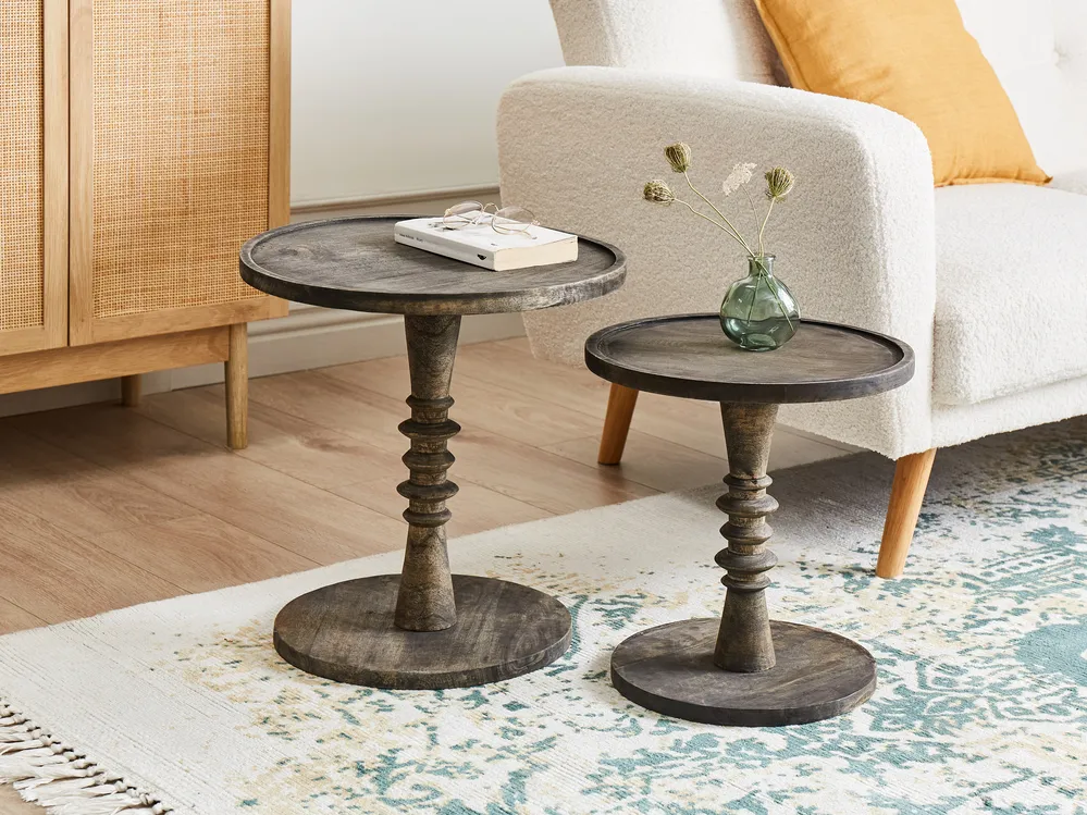 Set of 2 Side Tables THALIA Mango Wood Dark Brown