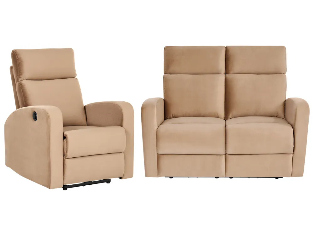 Electric Recliner Living Room Set 3 Seater VERDAL Velvet Light Brown_1081399