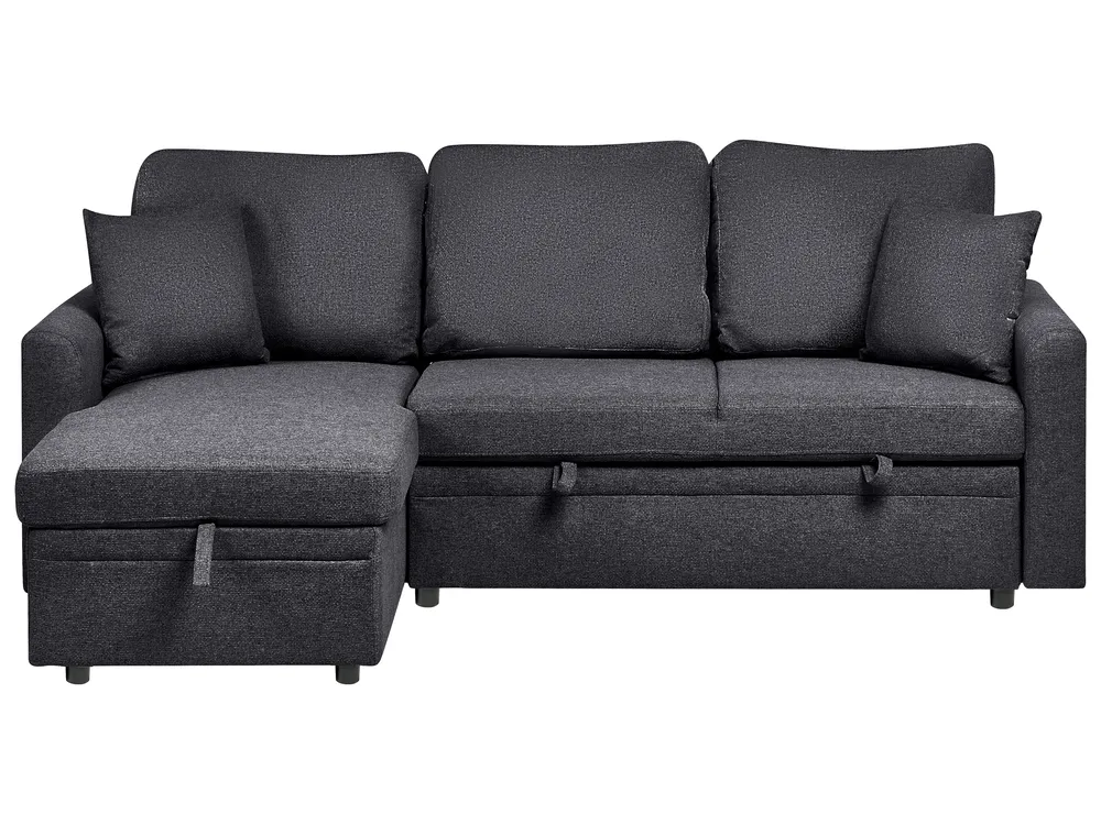 Corner Sofa Bed 3 Seater NASSJO Faux Linen Black Right Hand