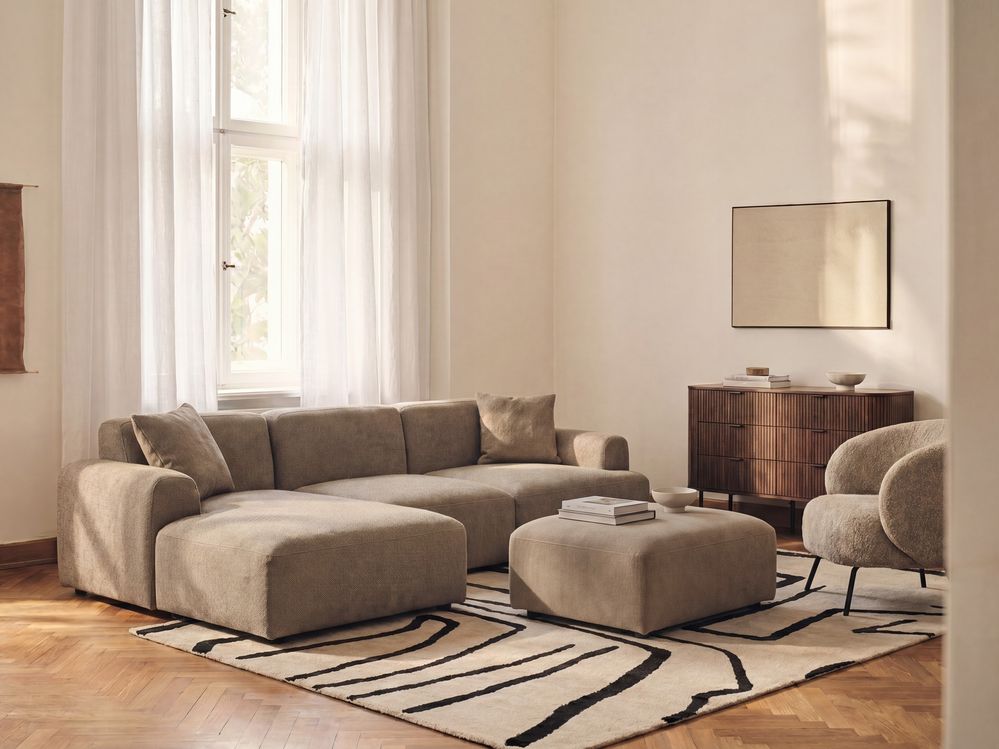 Modular Corner Sofa HEDE with Ottoman Fabric Brown Right Hand