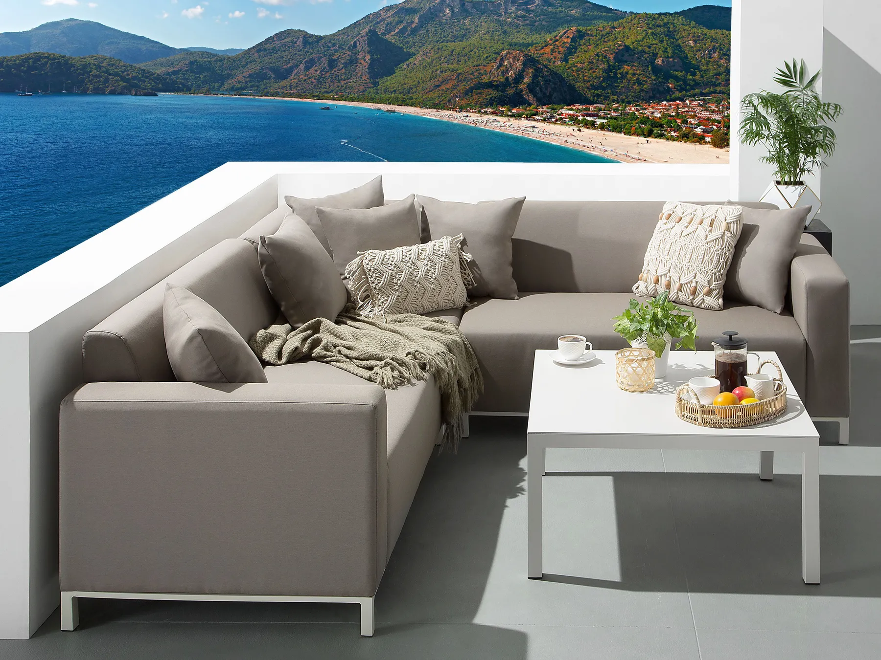Garden Corner Sofa with Table 5 Seater BELIZE Modular Beige Right Hand_833564