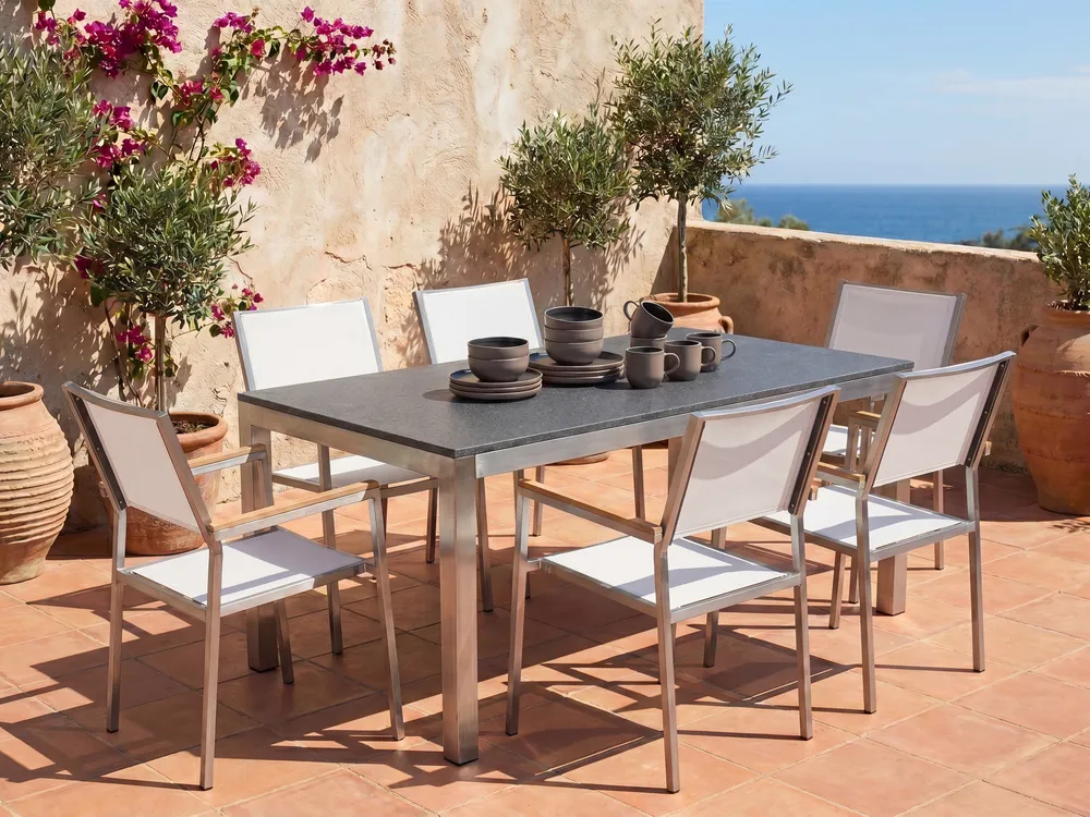 Garden Dining Set 6 Seater GROSSETO Granite Polished Grey/ White_1105593