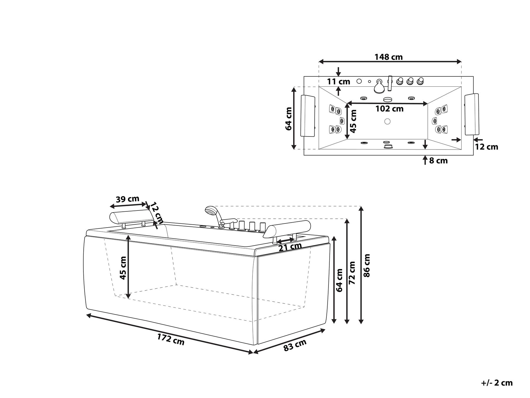 Kulmaporeamme LED-valolla MONTEGO 172 x 83 cm Valkoinen_782235