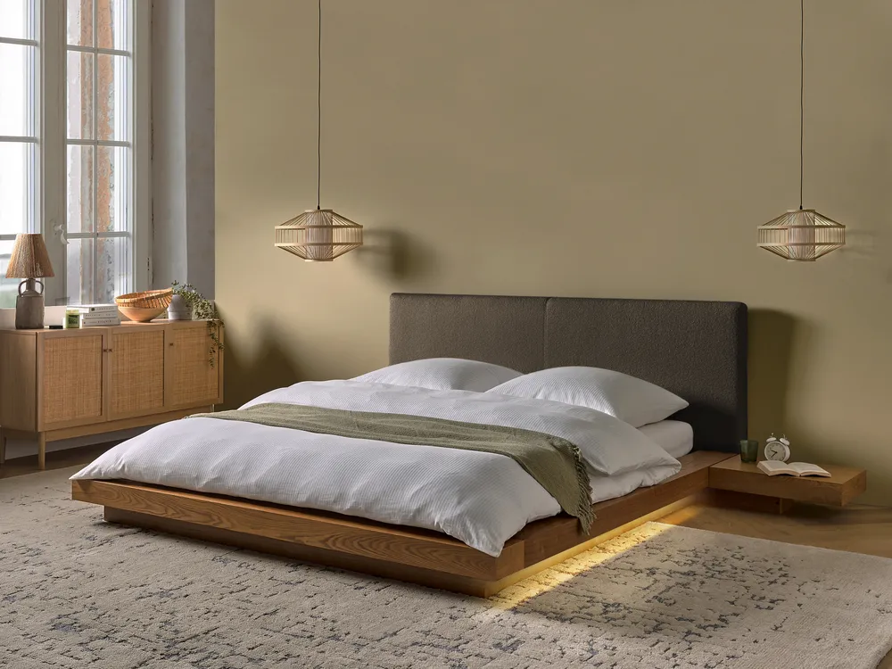Bed with LED Boucle ZEN 160 x 200 cm (EU King Size) Natural Ash Wood