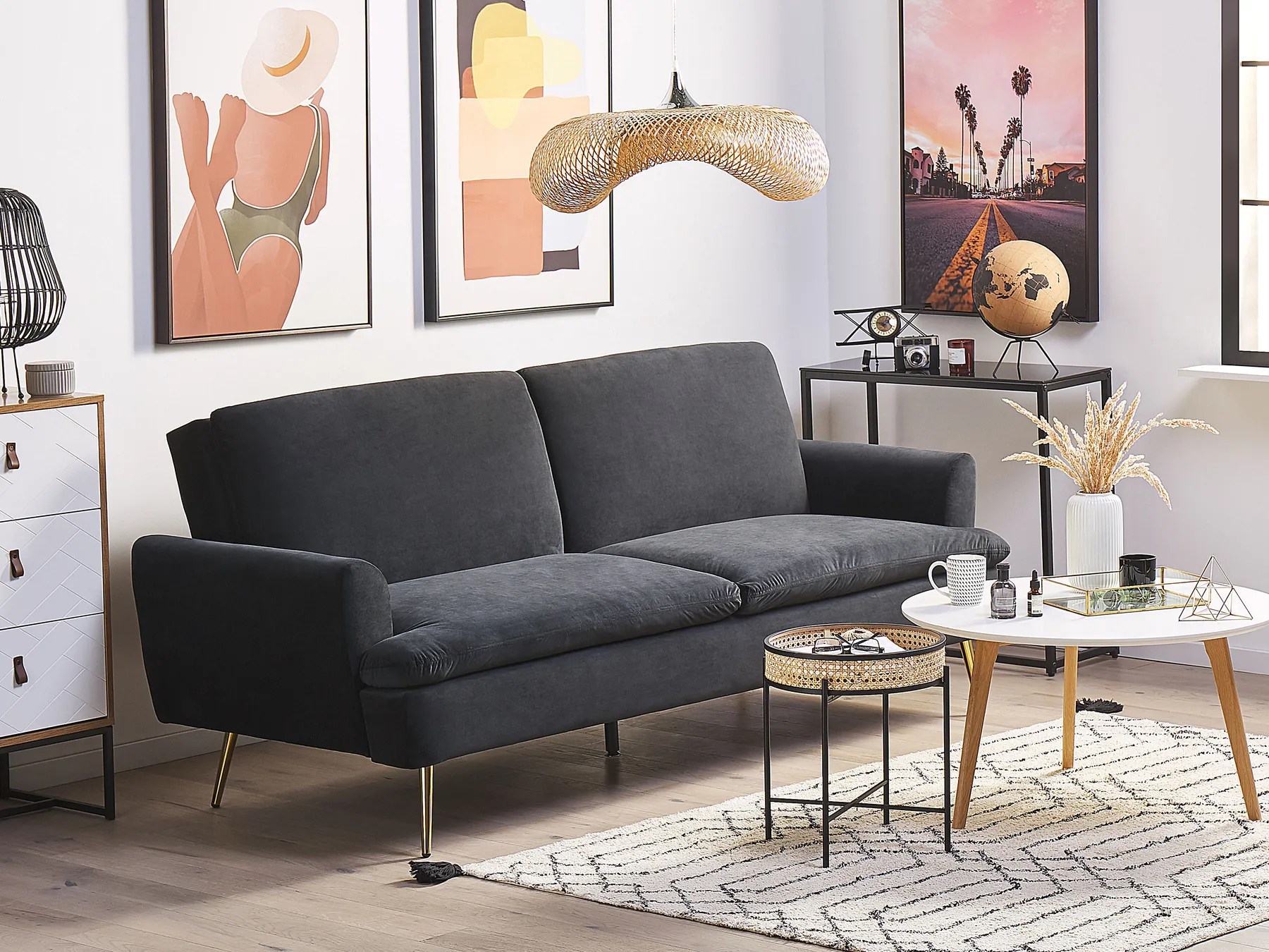 Sofa Bed 3 Seater VETTRE Velvet Black_787972