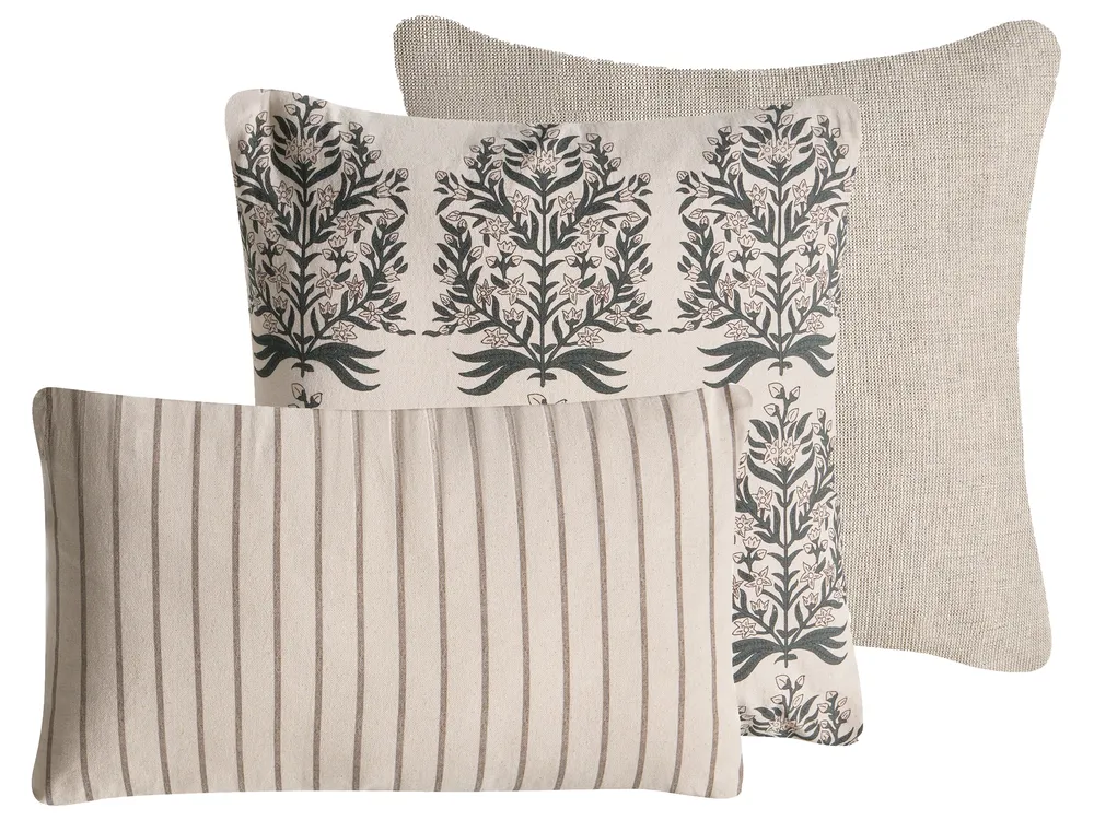 Set of 3 Decorative Cushions MYRISTICA 30 x 50 cm 45 x 45 cm Cotton Beige Floral Pattern