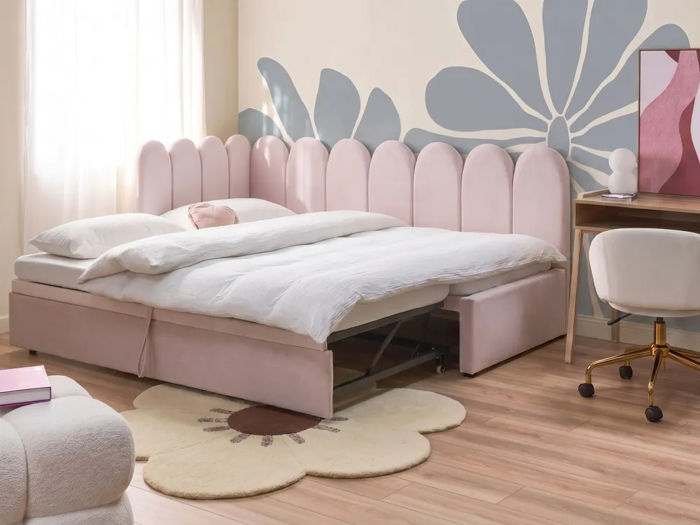 Trundle Bed Velvet TERROU 90 x 200 cm (EU Single) Pastel Pink