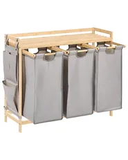 Set of 3 Laundry Baskets with Shelf TOROTAL Bamboo Light Brown/ Grey 120 L_1136234