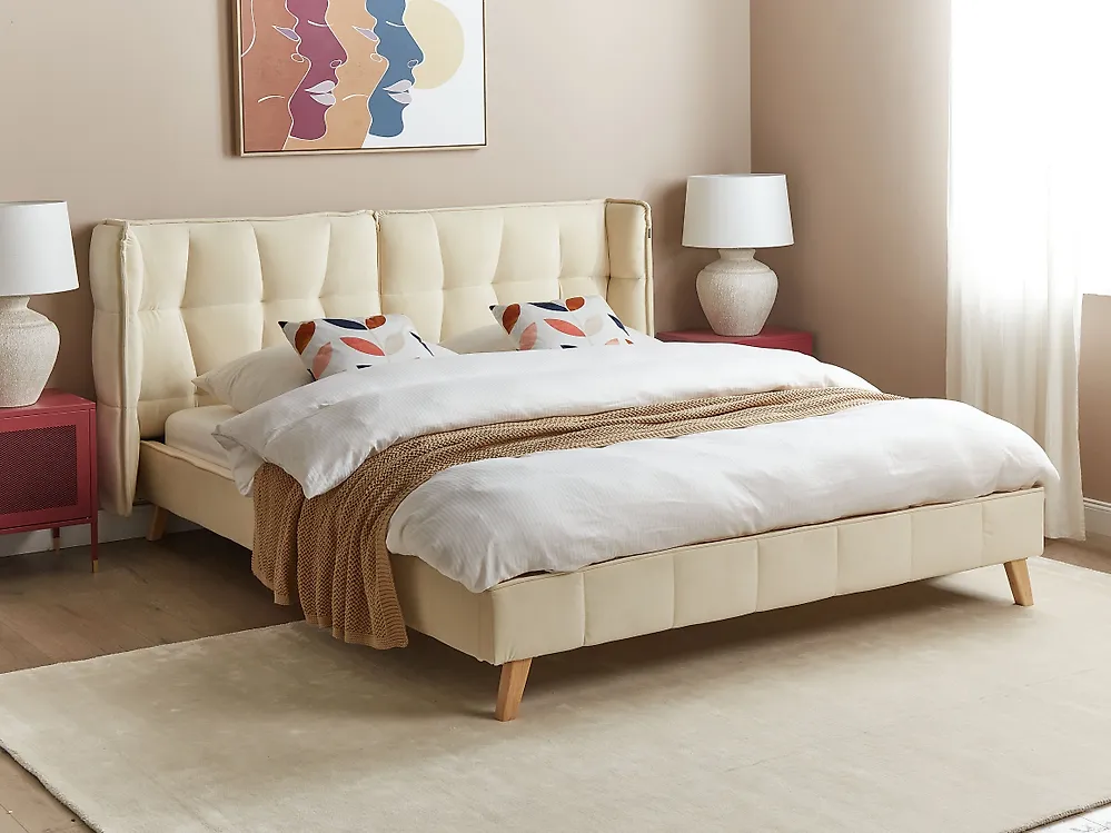 Säng med lamellram Sammet SENLIS 160 x 200 cm Beige_1178889