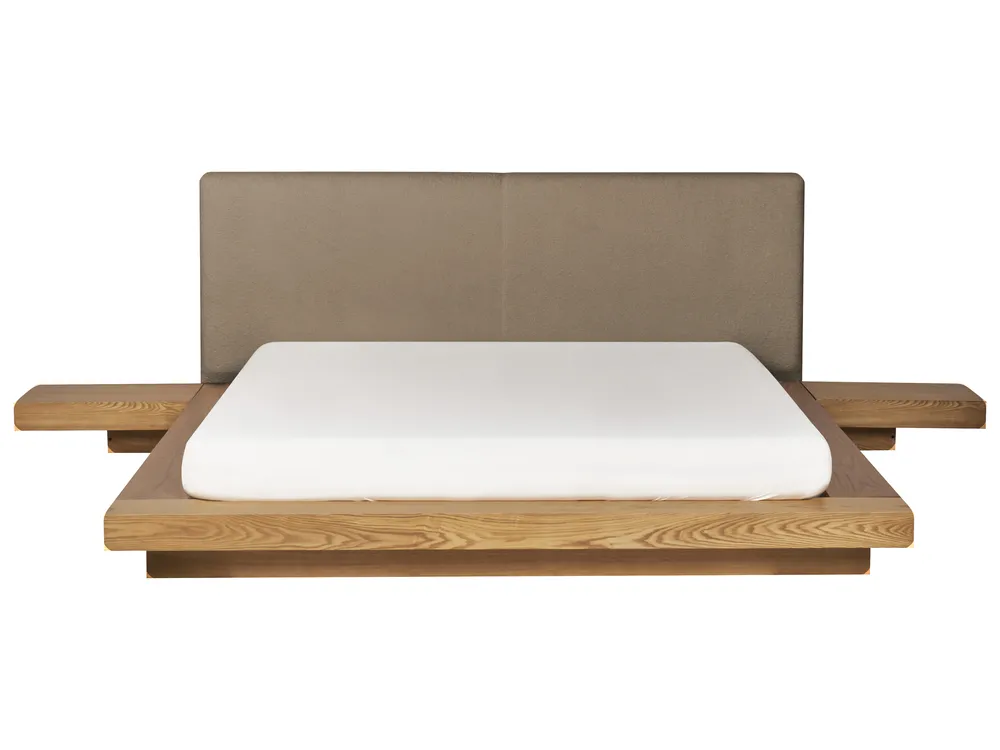 Säng med LED-belysning Bouclé ZEN 160 x 200 cm Naturlig askfanér_1079877