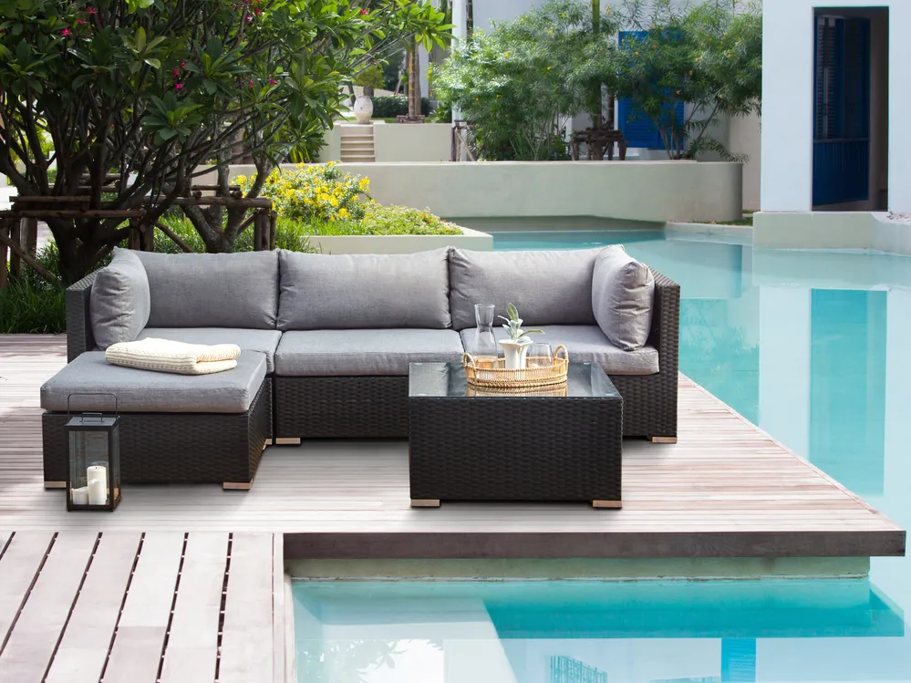 Garden Corner Sofa with Table 4 Seater SANO PE Rattan Black Right Hand