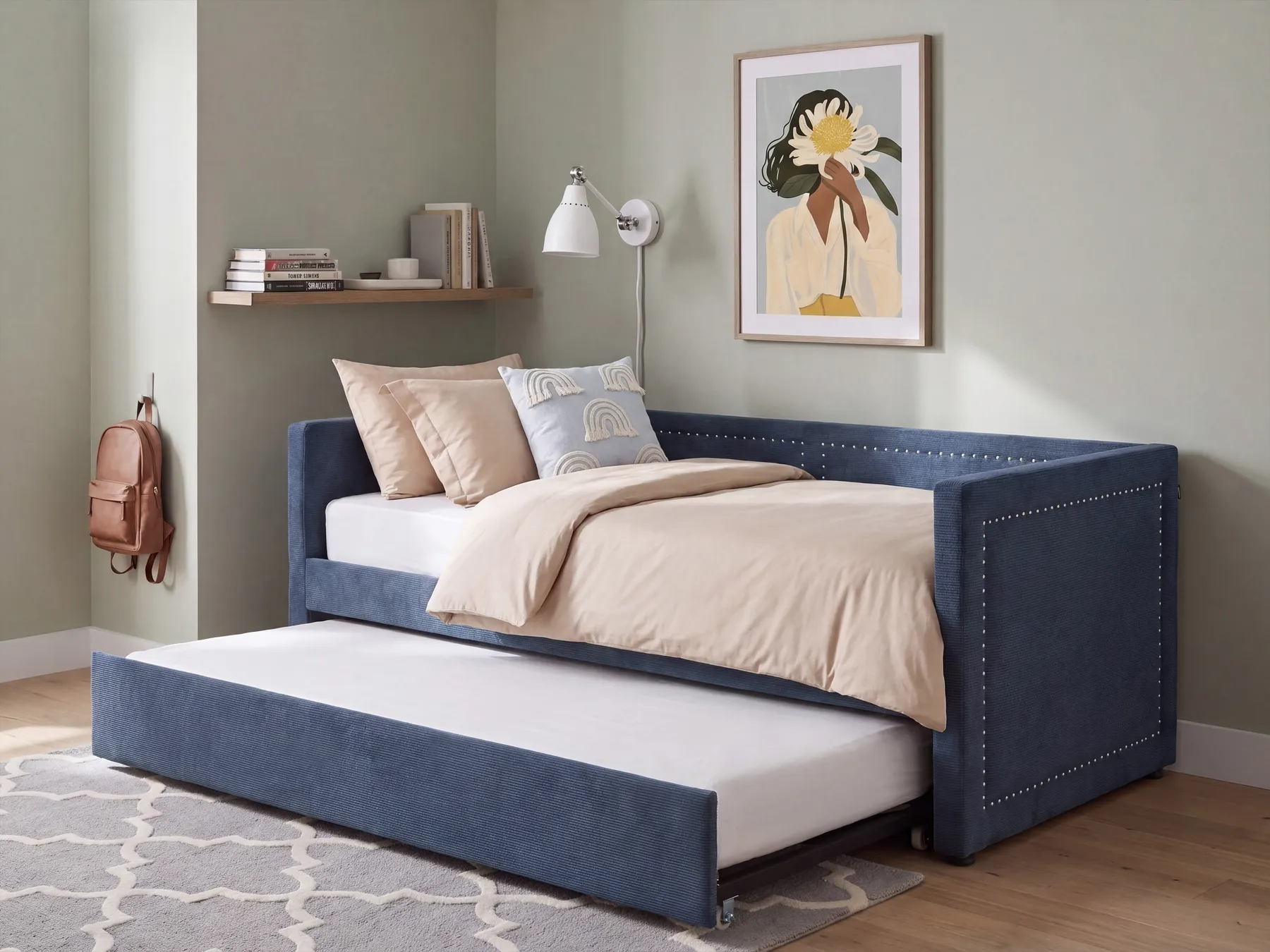 Trundle Bed Corduroy MIMIZAN 90 x 200 cm (EU Single) Navy Blue_1118351