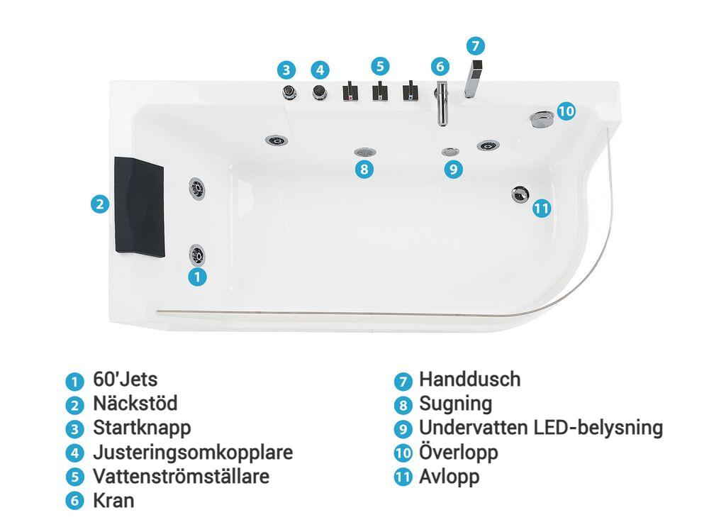 Hörnbubbelbadkar med LED ACUARIO 1700 x 800 mm Vit Högervänd_798412